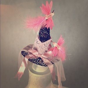 Baby pink mini witch hat feather fascinator